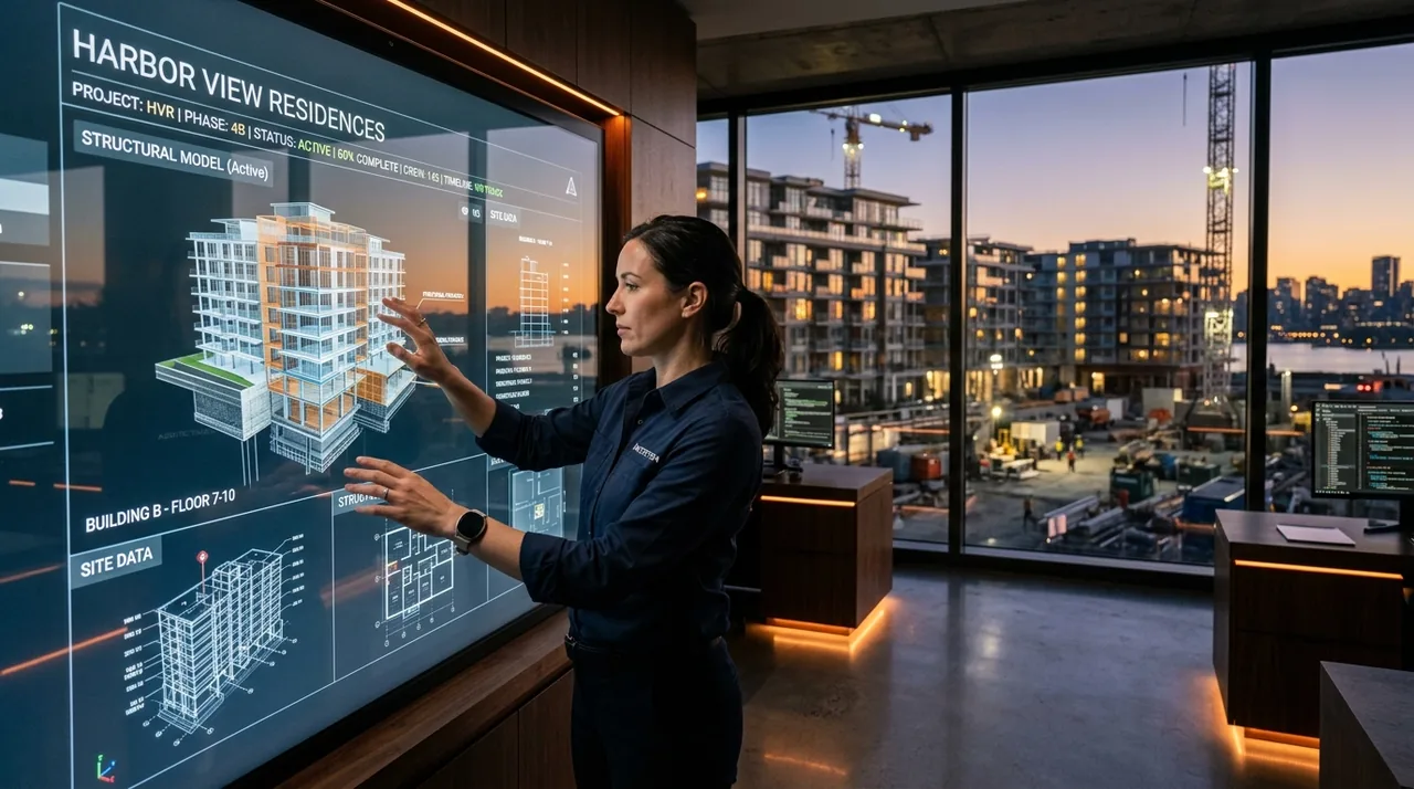 Construction professionals reviewing project information in an office