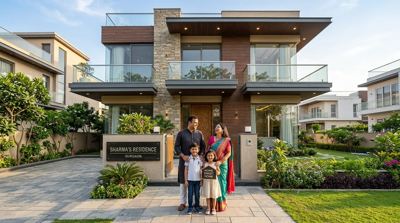 A family standing outside a completed contemporary home